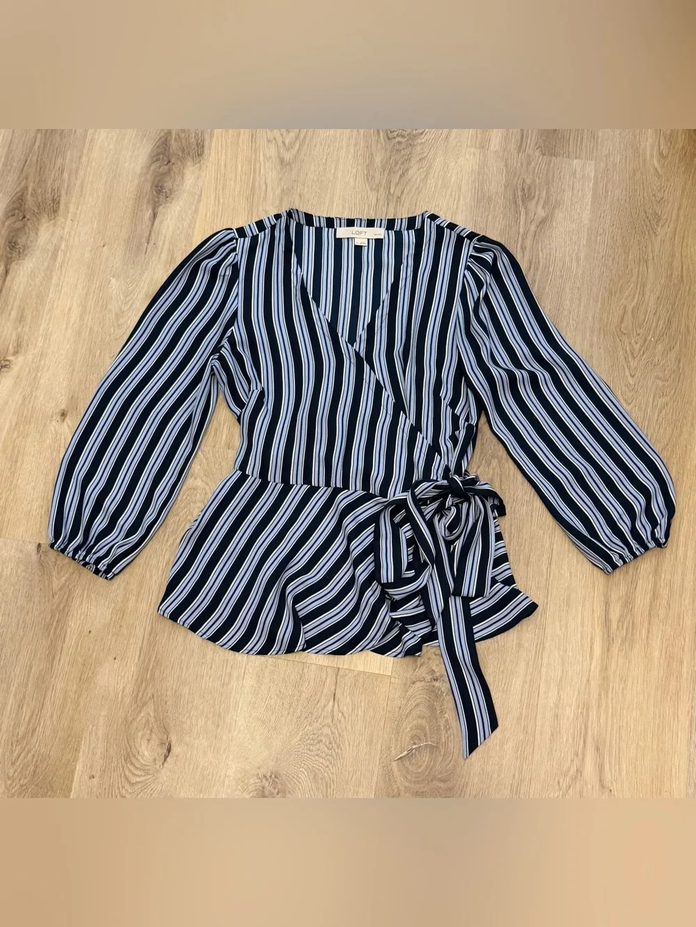 LOFT Petites Navy & White Striped Wrap Blouse
